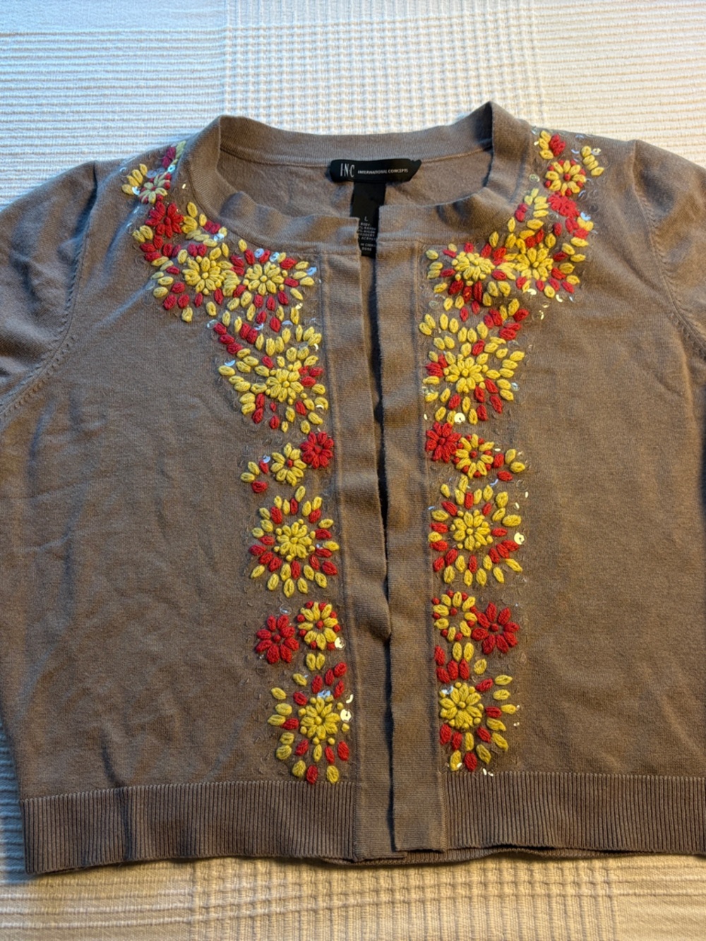 Embroidered Floral Short-Sleeve Cardigan - Taupe with Red & Yellow Flowers